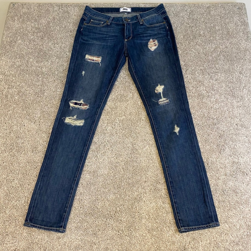 Paige Distressed Plaid Patch Straight Leg Jeans Women 27 Blue Dark Wash